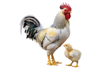 A majestic rooster and its tiny chick stand against a transparent background, a heartwarming display of parental care. background removed