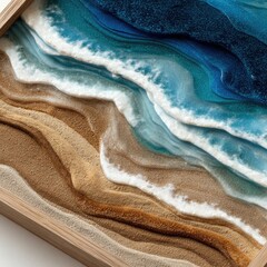 Textured resin art depicting a serene coastal scene with layered waves receding onto a sandy beach, encased in a light wood frame