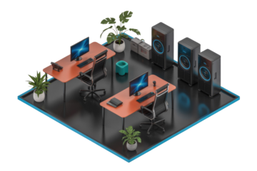 Isometric view of a modern office with two workstations, plants, and server racks. background removed