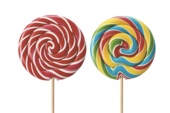 Two swirl lollipops on sticks, one red and white, the other multicolored, isolated on transparent background. background removed