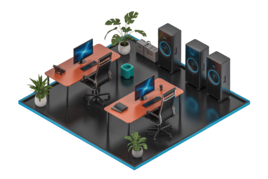 Isometric view of a modern office with two workstations, plants, and server racks. background removed