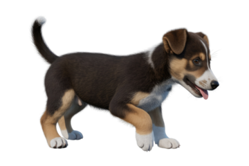 Adorable tri-color puppy, standing,  transparent background, playful expression. background removed