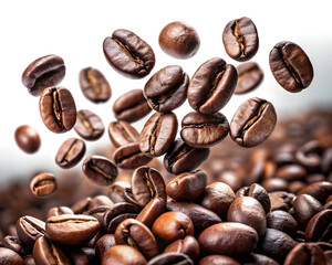 Cascade of roasted coffee beans suspended in air, rich brown textures, aromatic allure of freshly brewed perfection