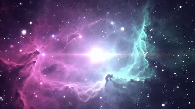 A vibrant, cosmic nebula display of swirling purples and blues, filled with scattered stars.