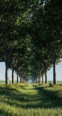 Sunlit path lined with tall, verdant trees receding into a bright horizon, flanked by a grassy field
