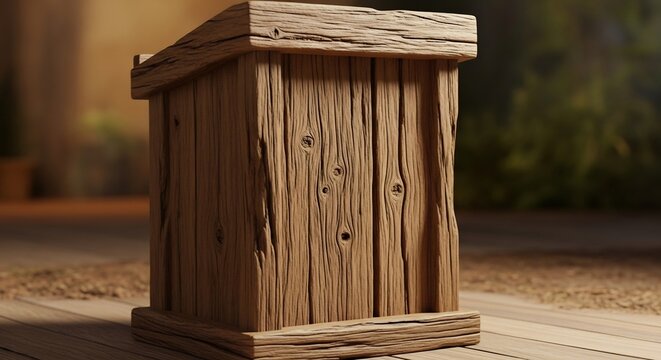 Rustic Wooden Podium: Textured Grain, Natural Light, and Outdoor Setting