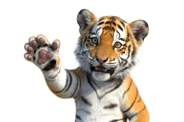 Obraz premium Adorable tiger cub with transparent background, waving hello with its paw. background removed