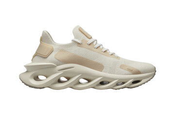 Cream-colored knitted sneakers with a unique, wave-like sole design. background removed