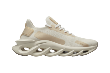 Cream-colored knitted sneakers with a unique, wave-like sole design. background removed