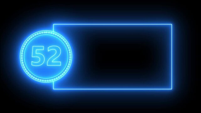 Blue Neon Circle With Number 52 and Rectangular Frame on Black Background fifty two numeral