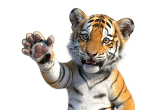 Adorable tiger cub with transparent background, waving hello with its paw. background removed - Powered by Adobe