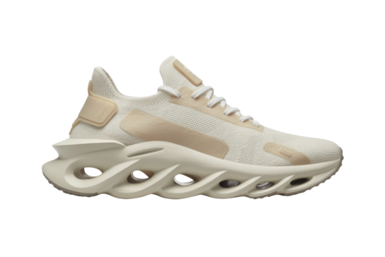 Cream-colored knitted sneakers with a unique, wave-like sole design. background removed