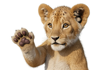 Fototapeta premium Adorable lion cub with paw raised, transparent background, perfect for various uses. background removed