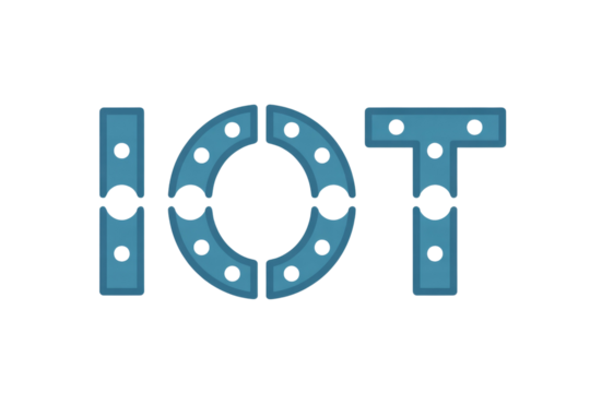 Stylized IOT acronym with a teal color scheme and dotted design elements on a transparent background. background removed