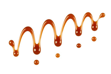 Caramel sauce drips and splatters on a transparent background, creating a wavy, delicious pattern. background removed