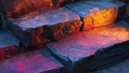 Illuminated stone steps, textured surface, vibrant hues of orange, pink, and purple light cast dramatic shadows, creating a visually striking contrast of color and depth