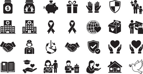 Illustrations of charitable causes, donations, and support, encompassing a wide range of icons symbolizing aid and community involvement