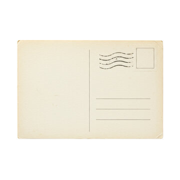 Blank vintage postcard, reverse side up, off-white textured paper, worn edges, serrated borders, faint cancellation marks on transparent background, copy space. Concept of nostalgia and communication