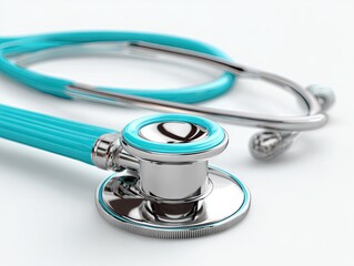 A close-up view of a modern teal-colored stethoscope with a polished chrome finish, highlighting the details of its design elements against a plain white backdrop.