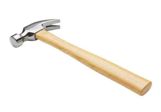 A brand new, polished silver metal head and light natural wood handle claw hammer, isolated on a pristine transparent background with soft studio lighting, concept of foundational building and success