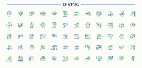 Diving colorful line icon set. Related to dive, pool, swimwear, swimmer and more. Set of line pictogram. Swimming simple icon set. Vector artwork and illustration.