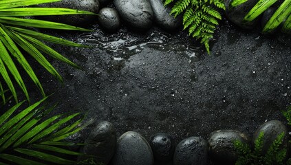 Dark, wet surface framed by lush green palm fronds, ferns, and smooth, dark stones; creating a tranquil, spa-like scene