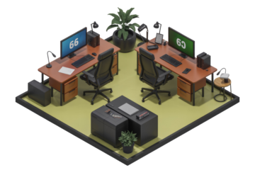 Isometric illustration of a modern, minimalist office space with two workstations, computers, and plants. background removed
