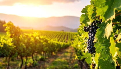 Naklejka premium Lush vineyard rows display a cluster of ripe, dark grapes at sunset.