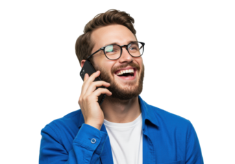 Young caucasian man in a royal blue jacket and classic glasses cheerfully talking on a smartphone, smiling broadly on a bright white studio background, concept of modern communication