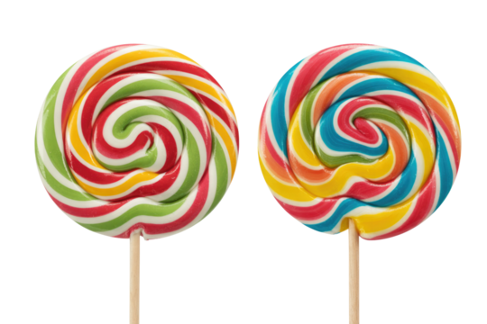 Two colorful swirl lollipops on sticks, isolated on transparent background. background removed