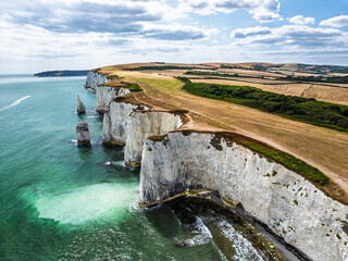 White Cliffs of Old Harry Rocks Jurassic Coast from a drone, Handfast Point, Dorset Coast, Poole, Dorset, England
