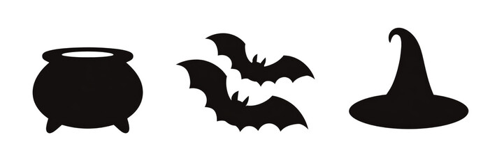 Black cauldron bats and witch hat Halloween icons isolated on a transparent background image