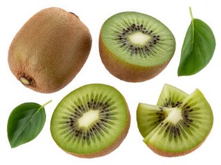 Fototapeta premium Whole and sliced kiwifruit with leaves green