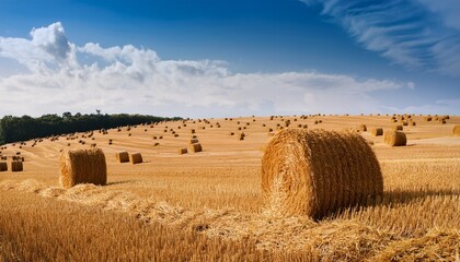 Fototapeta premium panorama stubble field with stacked straw bales after harvesting of wheat