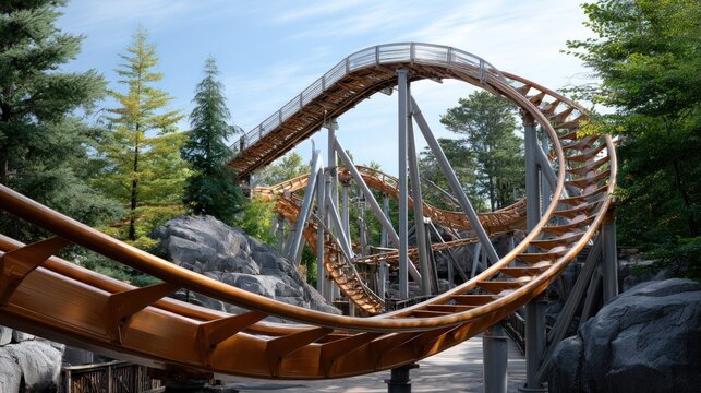 A dramatic roller coaster track winds through a landscaped park area under a clear sky. - Powered by Adobe