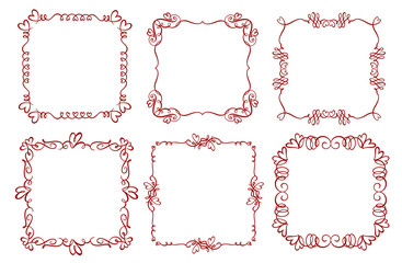 Set of six hand drawn square frames with heart ornaments. Perfect for Valentine’s Day cards, wedding invitations, love notes, scrapbooking, photo decoration, posters, packaging and romantic design pro