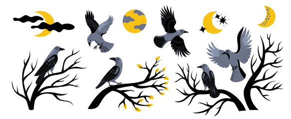 Vector set with ravens, moon phases, stars and bare trees. Perfect for Halloween, gothic design, mystery, fantasy, witchcraft, tattoo art, posters, stickers, book covers and dark aesthetic projects.