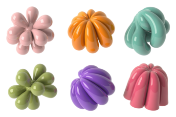 Six glossy, colorful 3D abstract shapes resembling flowers or blobs, isolated on a transparent background. background removed