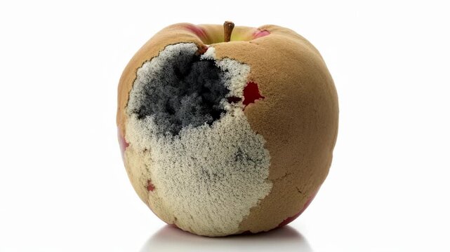 Timelapse of apple skin shriveling, browning, and decomposing with mold development over time