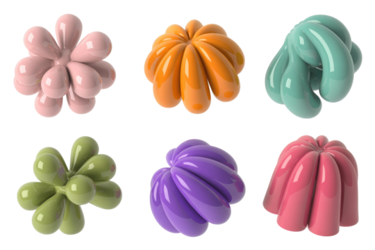 Six glossy, colorful 3D abstract shapes resembling flowers or blobs, isolated on a transparent background. background removed