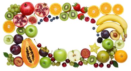 Diverse fresh fruits, whole, halved, sliced, showing textures, artfully arranged on transparent, empty central space for copy, concept of natural health and vitality