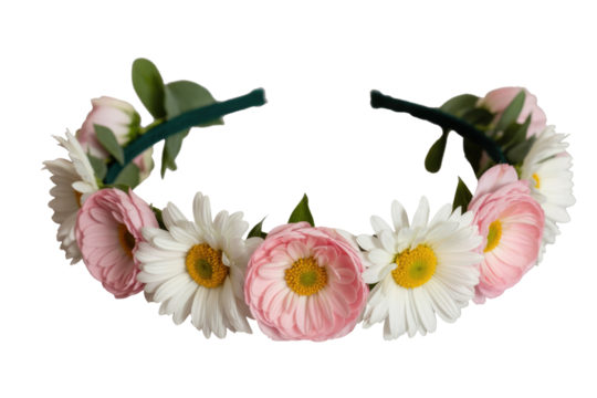 Floral headband with pink and white daisies, perfect for spring or summer. background removed