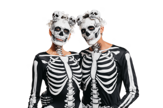 Couple in Skeleton Costumes with Skull Hair Accessories isolated on a transparent background halloween