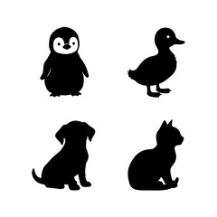 Fototapeta premium Black silhouettes of a penguin, duck, dog, and cat arranged in a square on a white background
