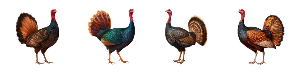 Fototapeta premium A series of four turkeys displaying their vibrant plumage and distinct features, showcasing variations in coloration and tail positioning.