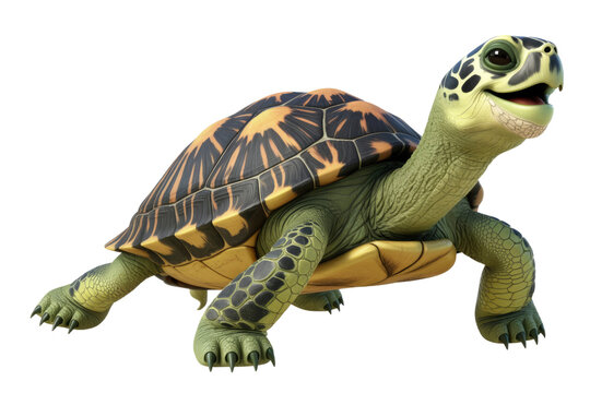 A cheerful cartoon turtle with a yellow and black shell, isolated on a transparent background. background removed