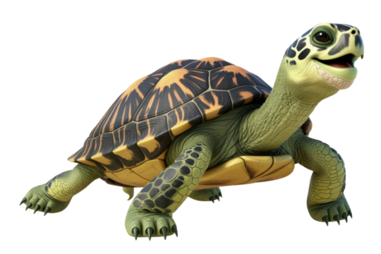 A cheerful cartoon turtle with a yellow and black shell, isolated on a transparent background. background removed