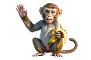 Adorable monkey sitting, waving, and holding a banana against a transparent background. background removed