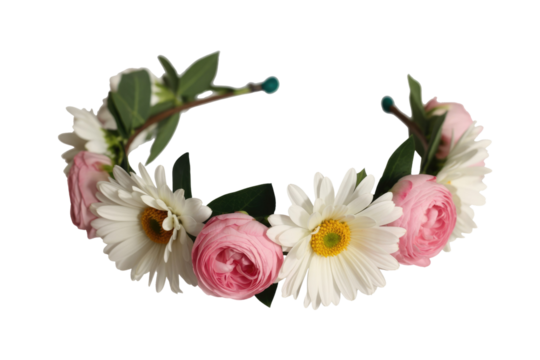 A beautiful flower crown made of pink ranunculus and white daisies on a transparent background. background removed