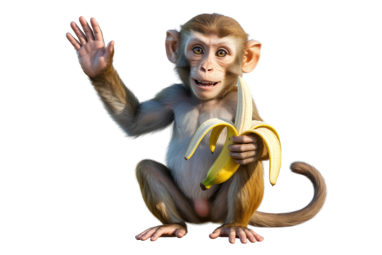 Adorable monkey sitting, waving, and holding a banana against a transparent background. background removed